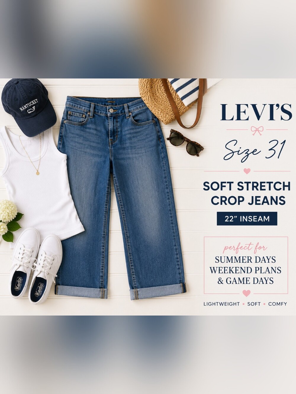 Levi's Soft Stretch Crop Jeans Size 31 Medium Wash Cuffed Capri 22" Inseam